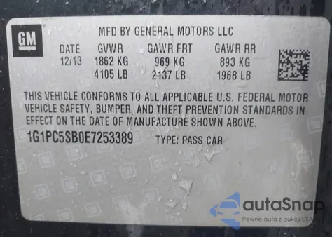 2014 Chevrolet Cruze 1Lt Auto из США, поврежденный, VIN 1G1PC5SB0E7253389